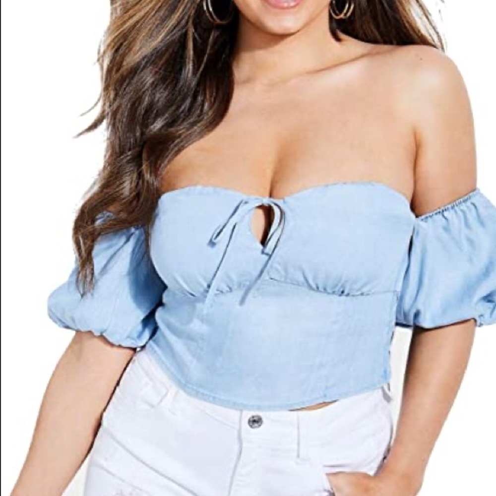 😍GUESS off shoulder denim crop top